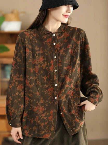 Women Retro Autumn Flower Turn-down Collar Corduroy Shirt BA1019