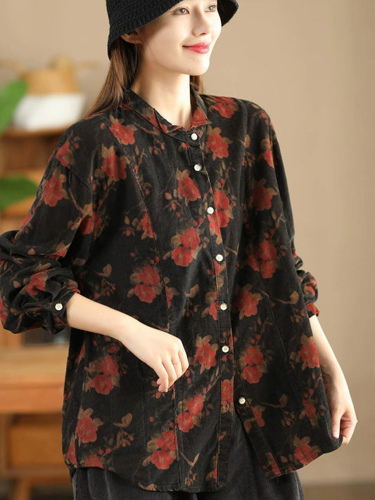 Women Retro Autumn Flower Turn-down Collar Corduroy Shirt BA1019