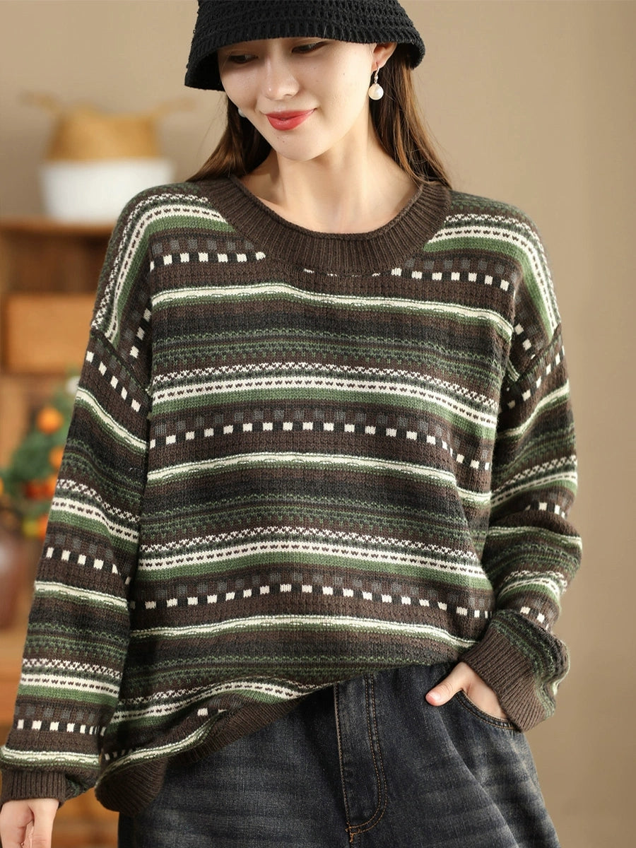 Women Casual Autumn Stripe Jacquard O-Neck Sweater BA1014