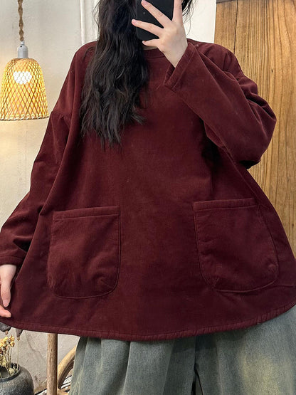 Women Winter Retro Solid O-Neck Fleece-lined Cotton Sweatshirt BA1024