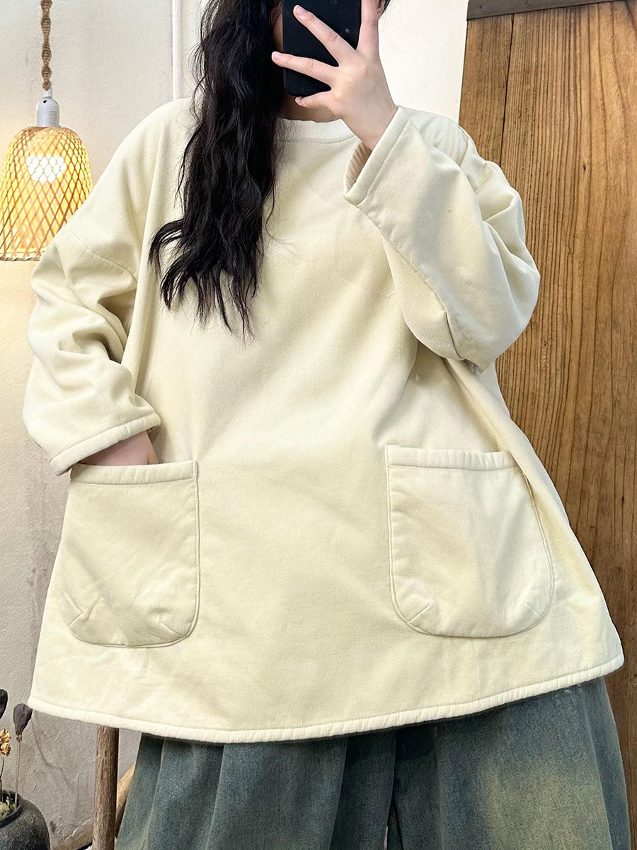 Women Winter Retro Solid O-Neck Fleece-lined Cotton Sweatshirt BA1024