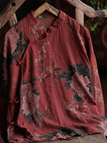 Women Ethnic Flower Autumn Loose 100%Cotton Shirt BA1047