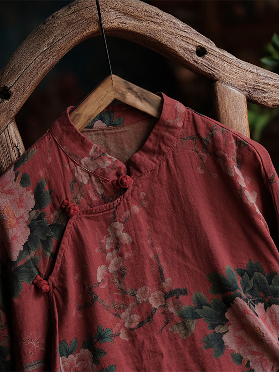 Women Ethnic Flower Autumn Loose 100%Cotton Shirt BA1047