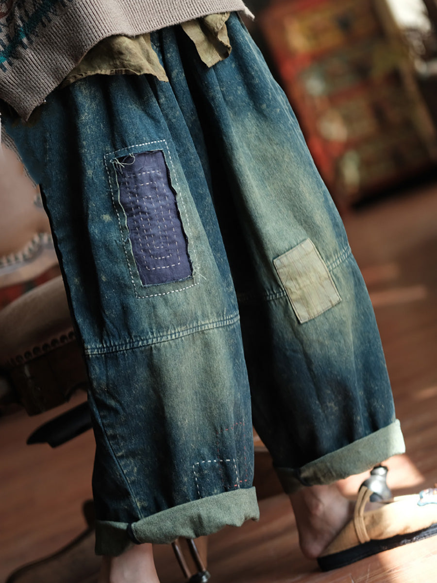 Women Autumn Retro Patch Spliced Denim Wide-leg Pants BA1035