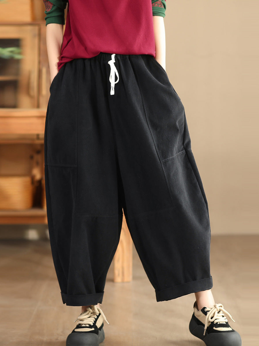 Women Autumn Retro Cotton Spliced Loose Solid Harem Pants BA1034