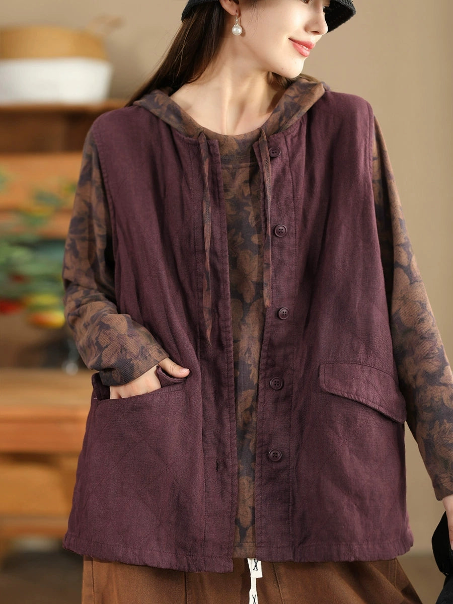 Women Retro Solid O-Neck Cotton Vest Coat BA1049