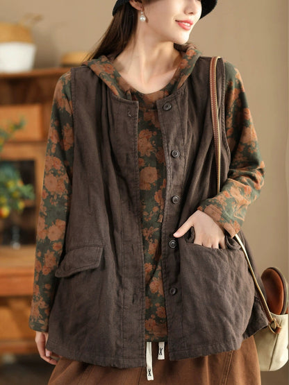 Women Retro Solid O-Neck Cotton Vest Coat BA1049