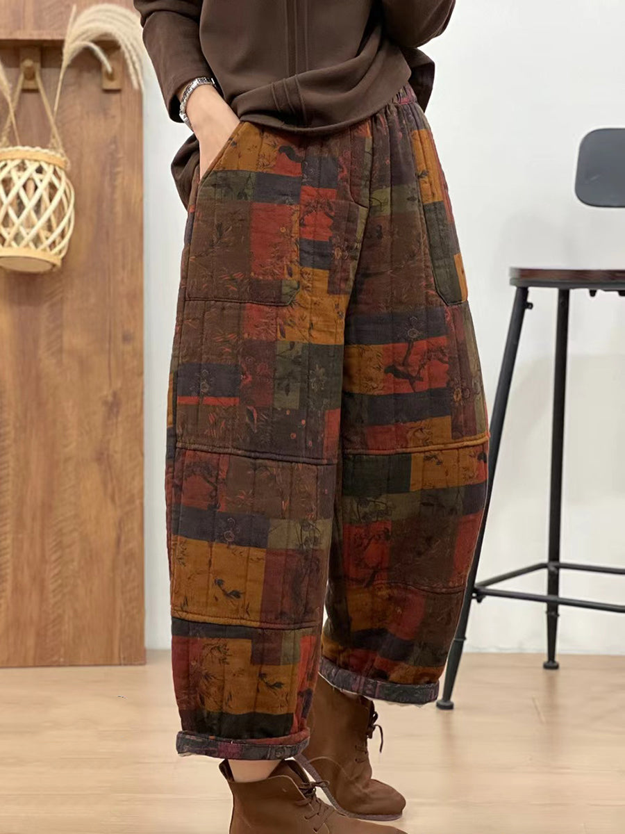 Women Autumn Retro Cotton Plaid Patch Straight Pants BA1061