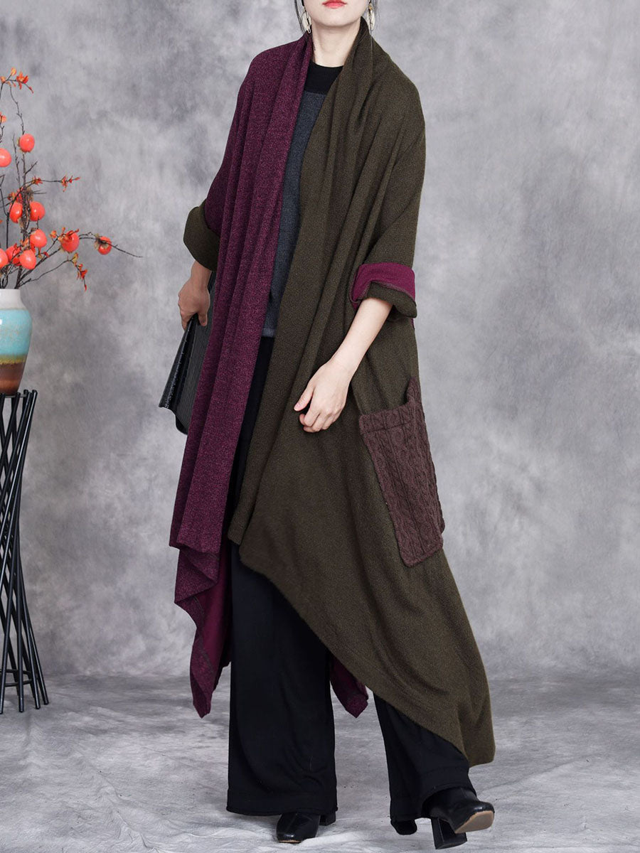 Women Autumn Artsy Irregular Colorblock V-Neck Cardigan Coat BA1057