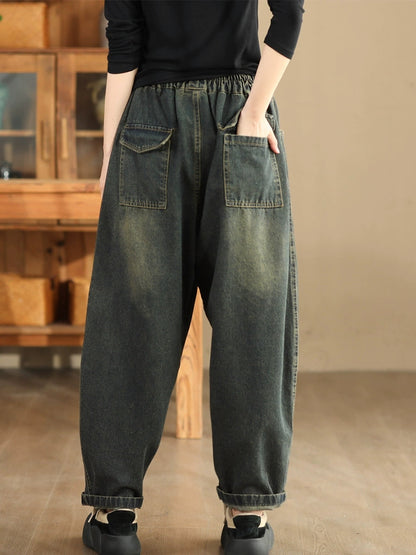 Women Autumn Retro Spliced Washed Denim Harem Pants BA1064