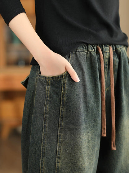 Women Autumn Retro Spliced Washed Denim Harem Pants BA1064