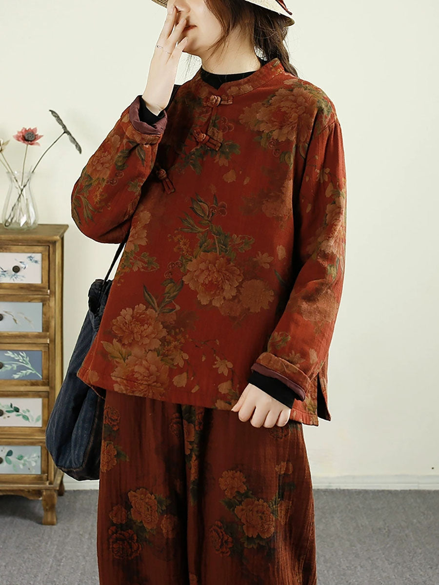 Women Ethnic Autumn Flower Buckle Cotton Stand Collar Coat BA1070