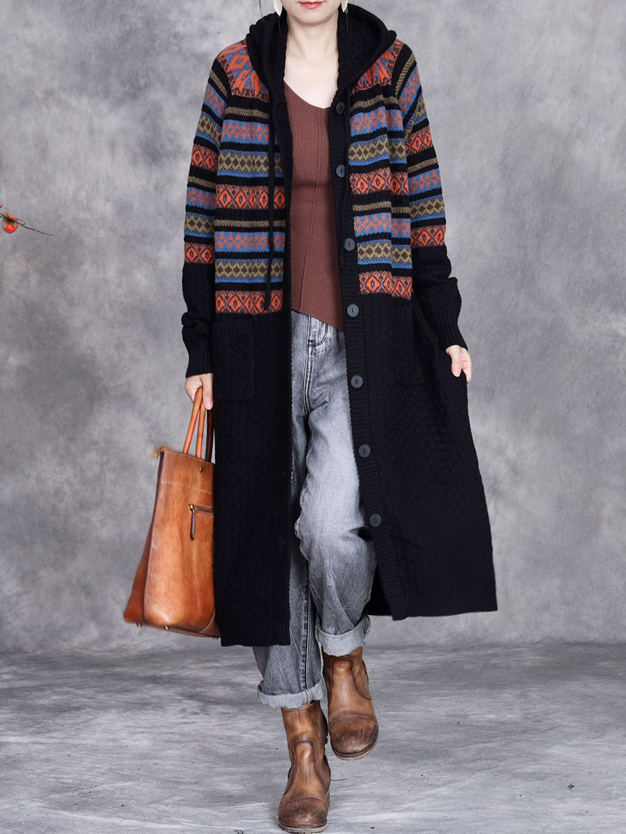 Women Autumn Artsy Stripe Hooded Knit Cardigan Coat WG022