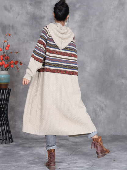 Women Autumn Artsy Stripe Hooded Knit Cardigan Coat WG022