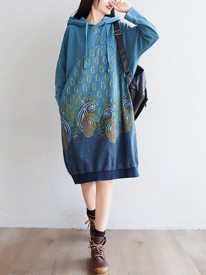 Women Ethnic Autumn Print Hooded Cotton Dress QU023