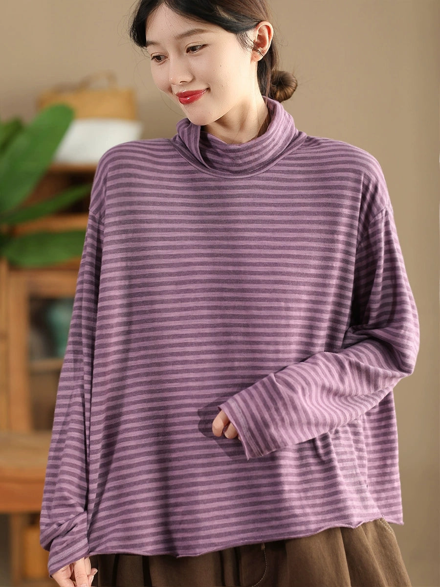 Women Autumn Casual Stripe Turtleneck Cotton Blouse QU029