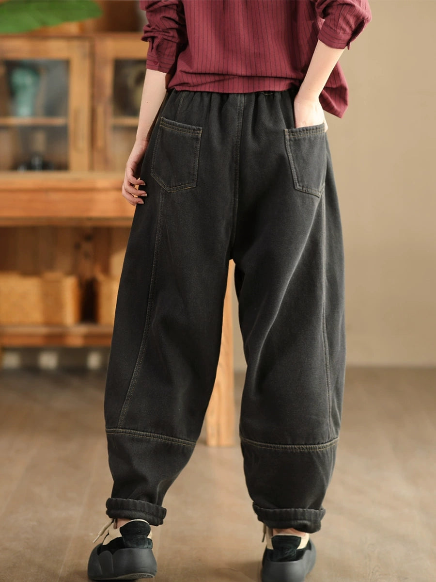 Women Winter Retro Denim Fleece-lined Harem Pants WG002