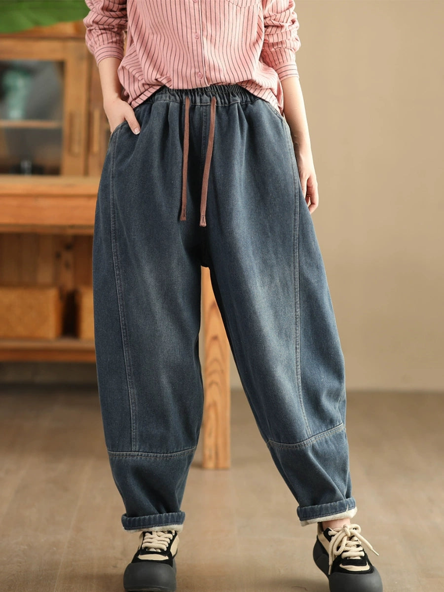 Women Winter Retro Denim Fleece-lined Harem Pants WG002