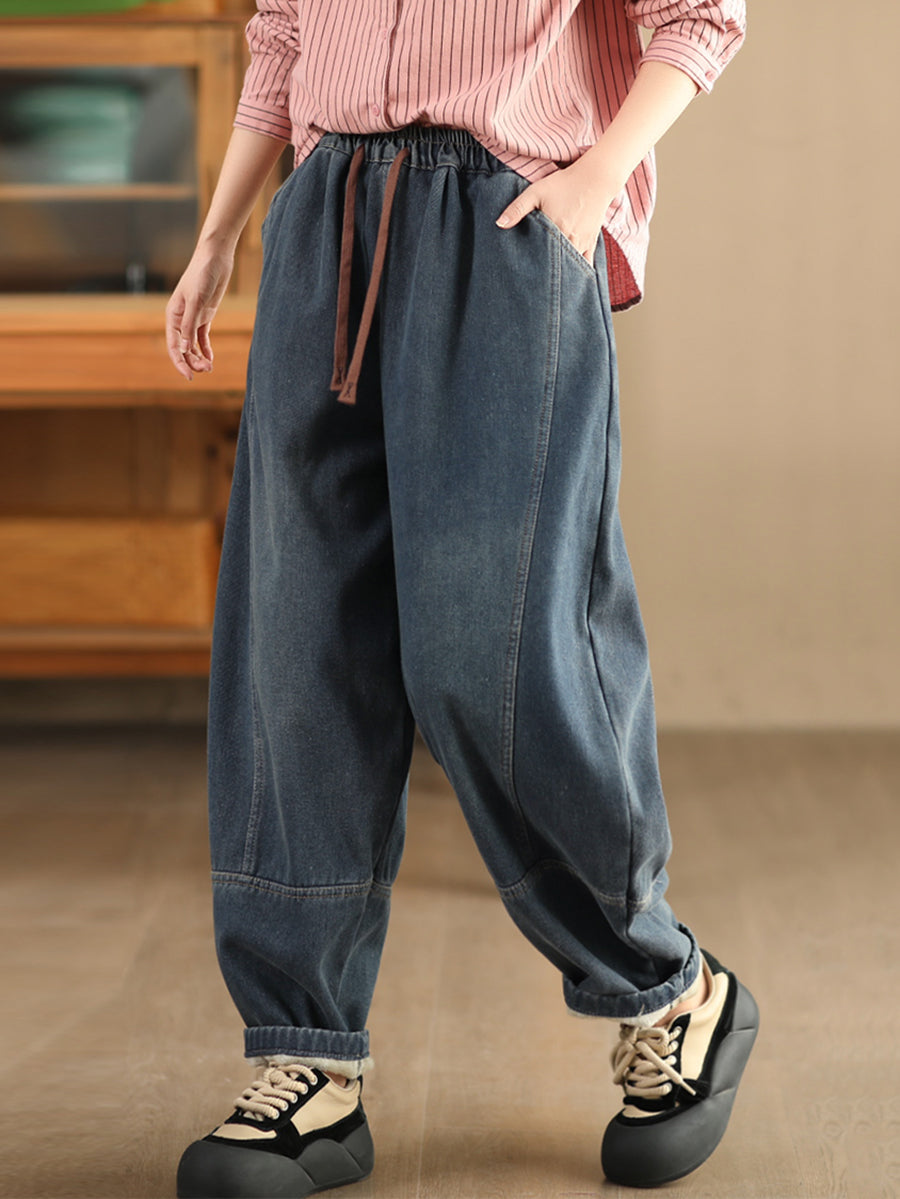 Women Winter Retro Denim Fleece-lined Harem Pants WG002