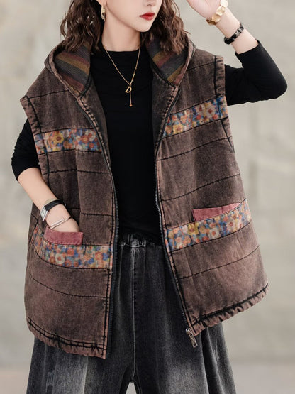 Women Retro Floral Spliced Hooded Cotton Padded Vest Coat WG007