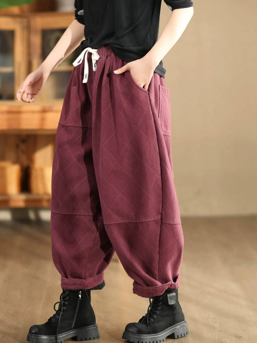 Women Autumn Vintage Solid Rhomboid Cotton Harem Pants WG013