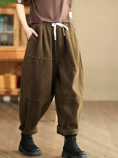 Women Autumn Vintage Solid Rhomboid Cotton Harem Pants WG013