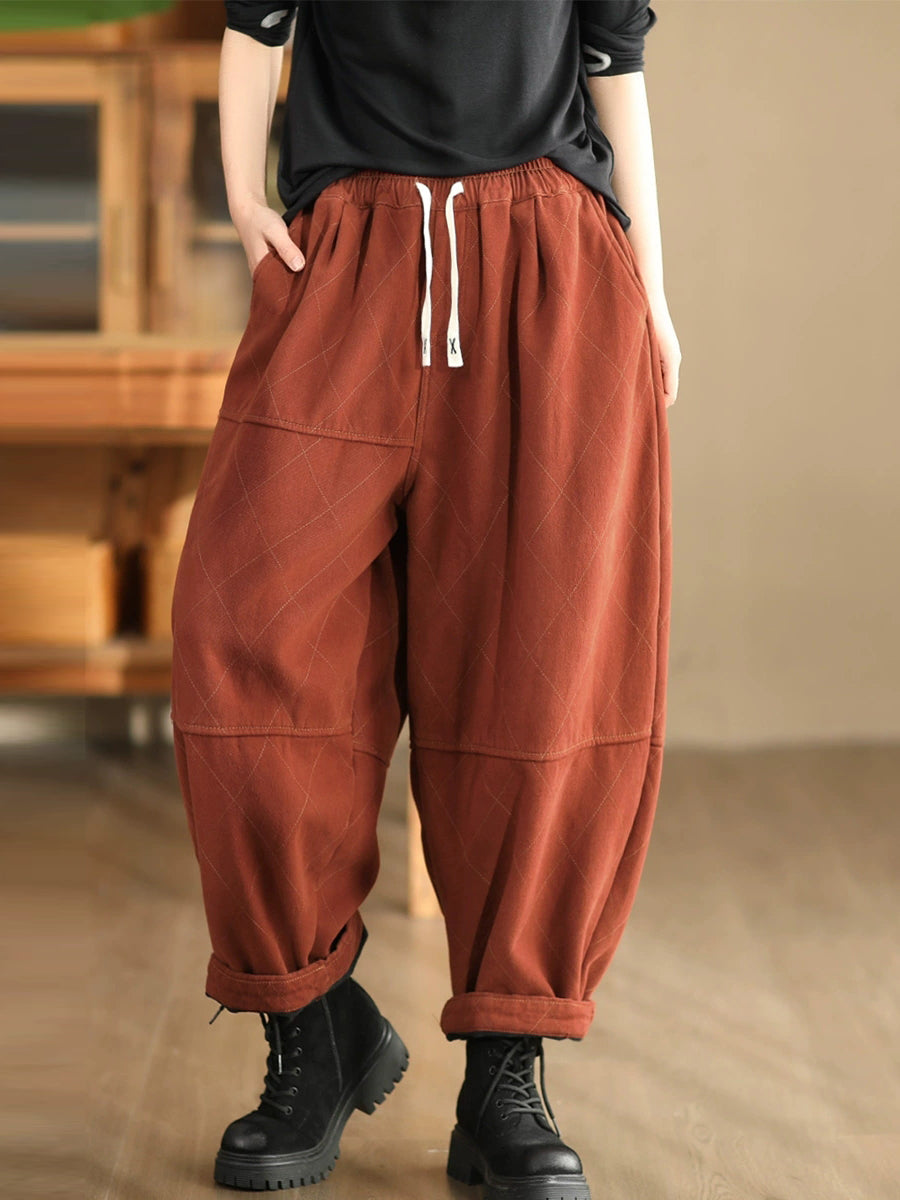 Women Autumn Vintage Solid Rhomboid Cotton Harem Pants WG013