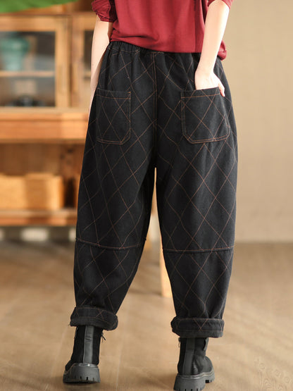 Women Autumn Vintage Solid Rhomboid Cotton Harem Pants WG013