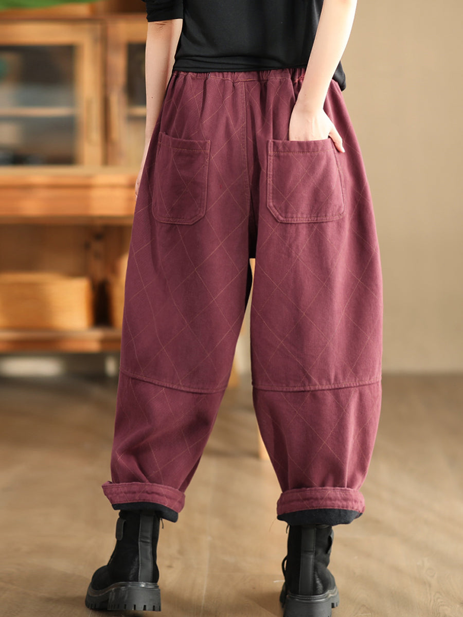 Women Autumn Vintage Solid Rhomboid Cotton Harem Pants WG013