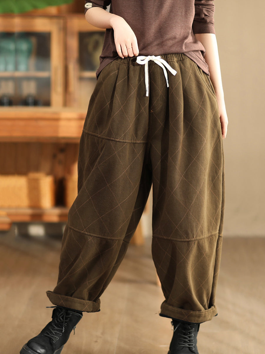 Women Autumn Vintage Solid Rhomboid Cotton Harem Pants WG013