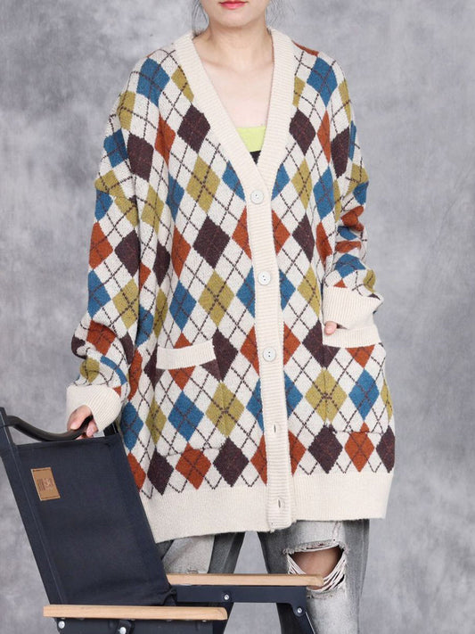 Women Autumn Artsy Rhomboids Cardigan Sweater Coat WG017