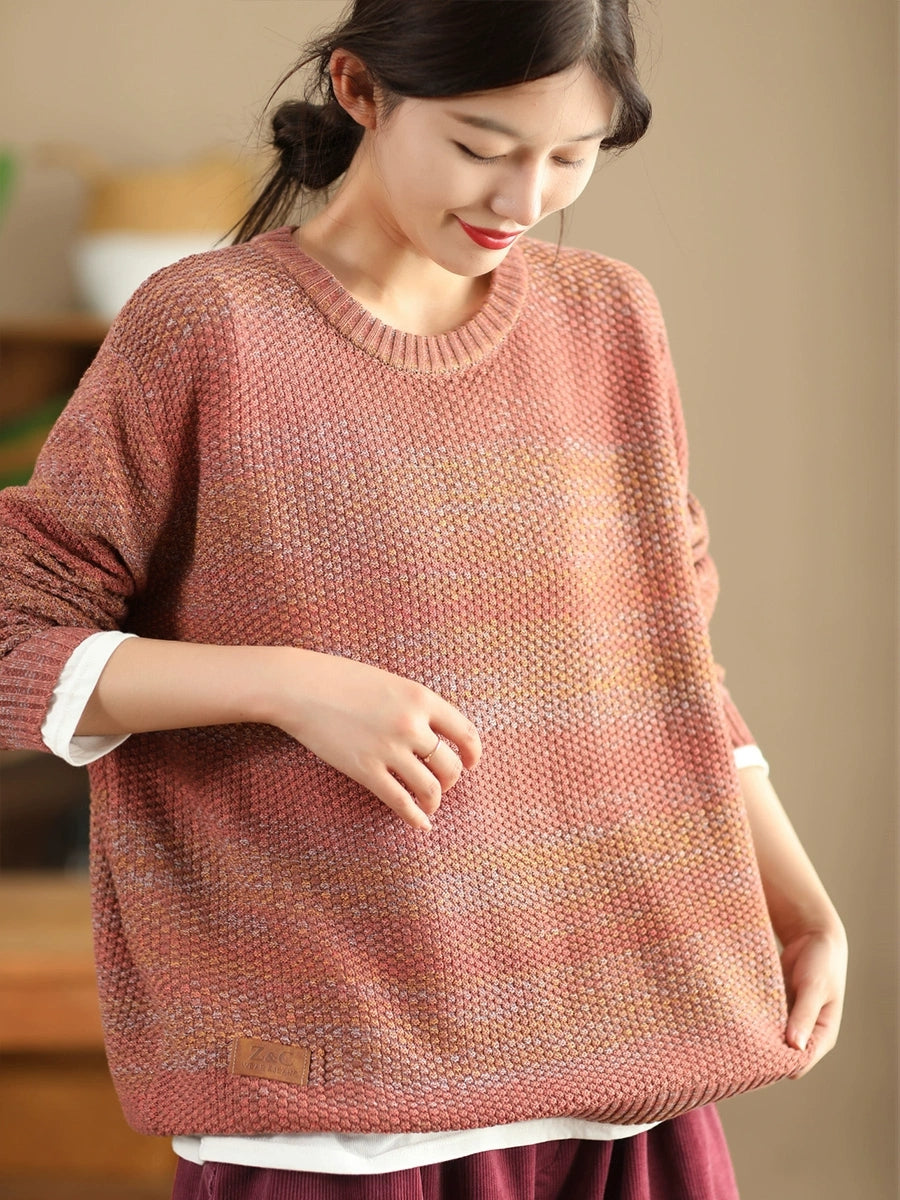 Women Vintage Autumn Solid O-Neck Loose Knit Sweater WG004