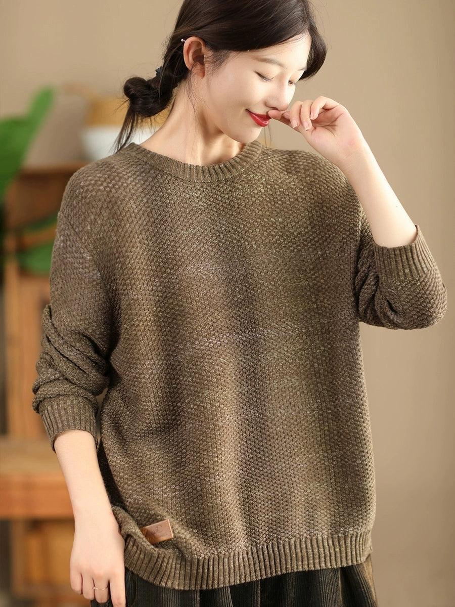 Women Vintage Autumn Solid O-Neck Loose Knit Sweater WG004