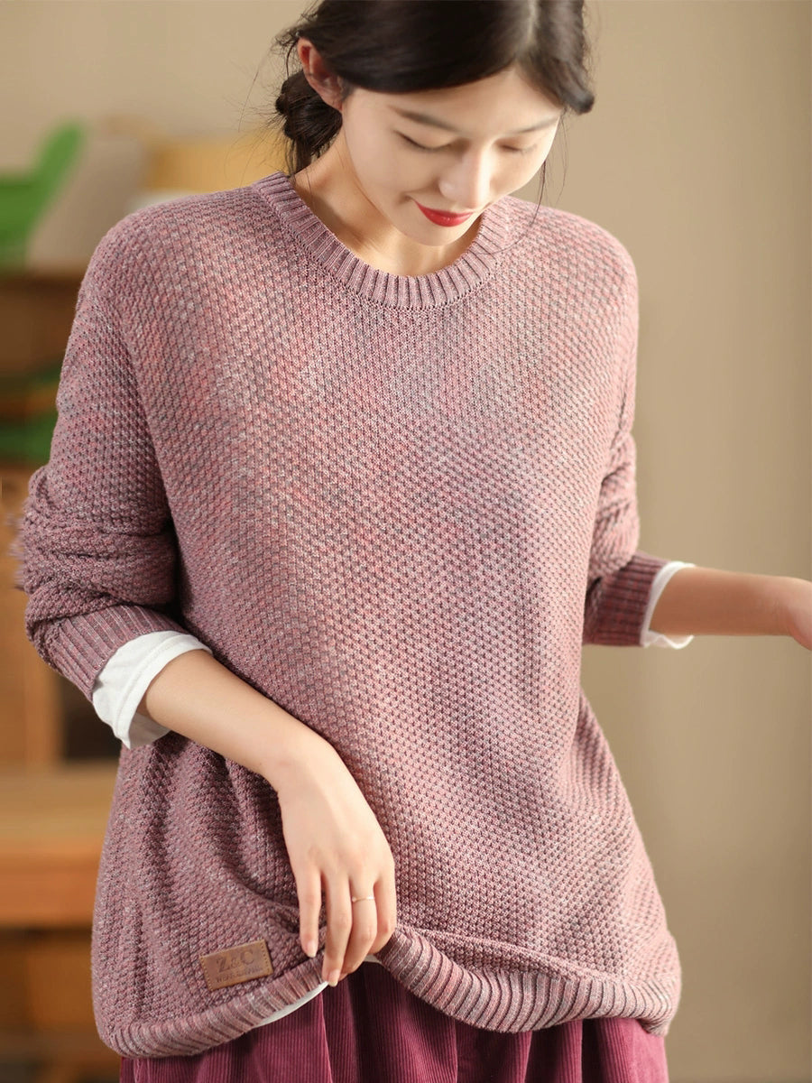 Women Vintage Autumn Solid O-Neck Loose Knit Sweater WG004