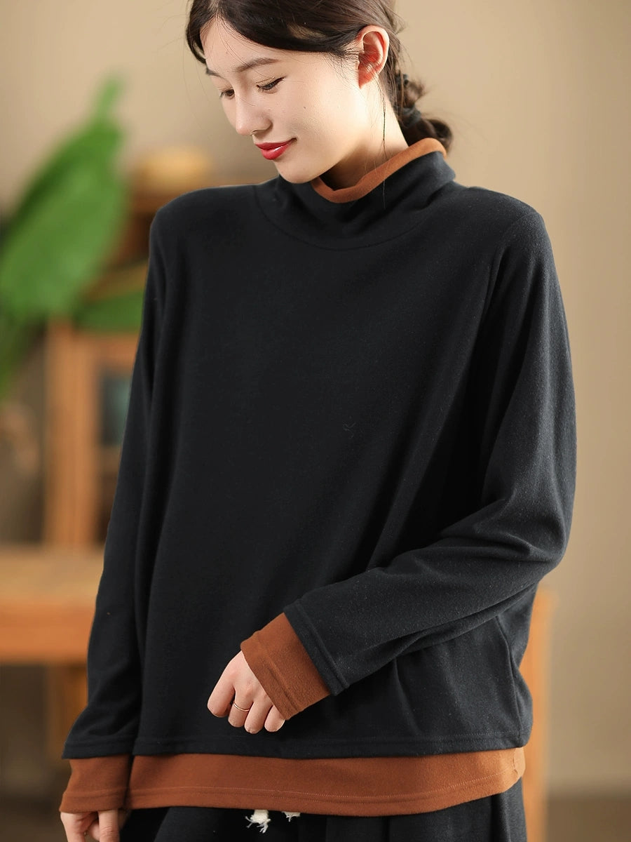 Women Casual Autumn Warm Colorblock Turtleneck Sweatshirt WG010