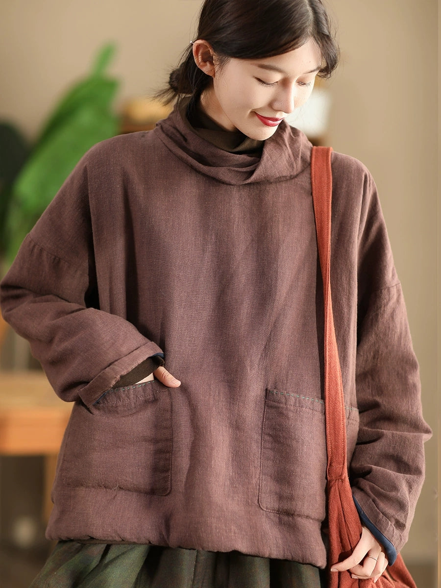 Women Autumn Vintage Turtleneck Solid Linen Padded Coat WG012