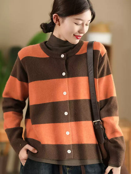 Women Vintage Autumn Stripe O-Neck Knit Sweater QN009