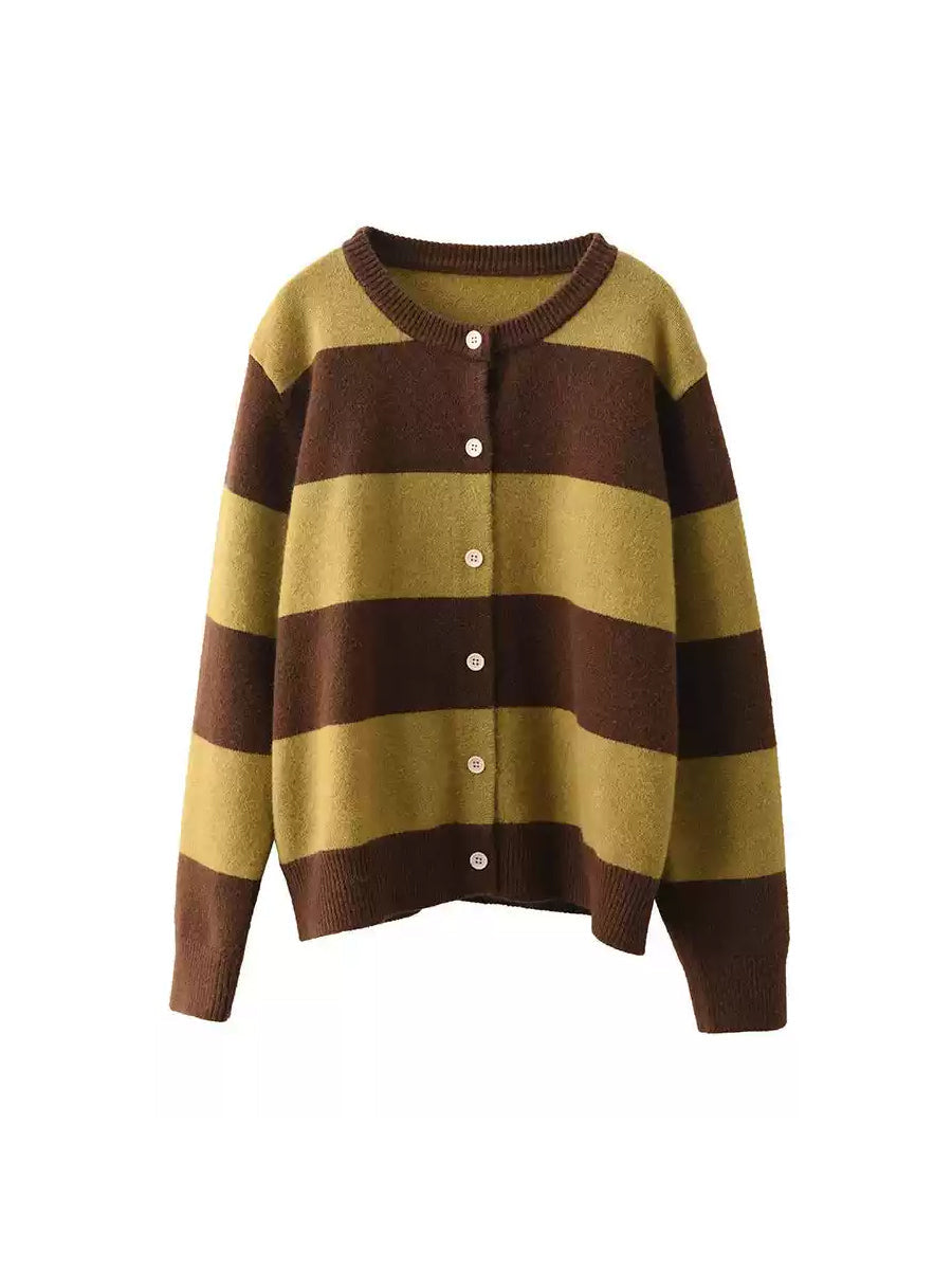 Women Vintage Autumn Stripe O-Neck Knit Sweater QN009