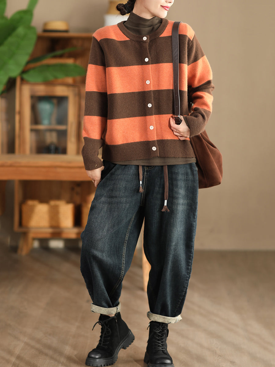 Women Vintage Autumn Stripe O-Neck Knit Sweater QN009