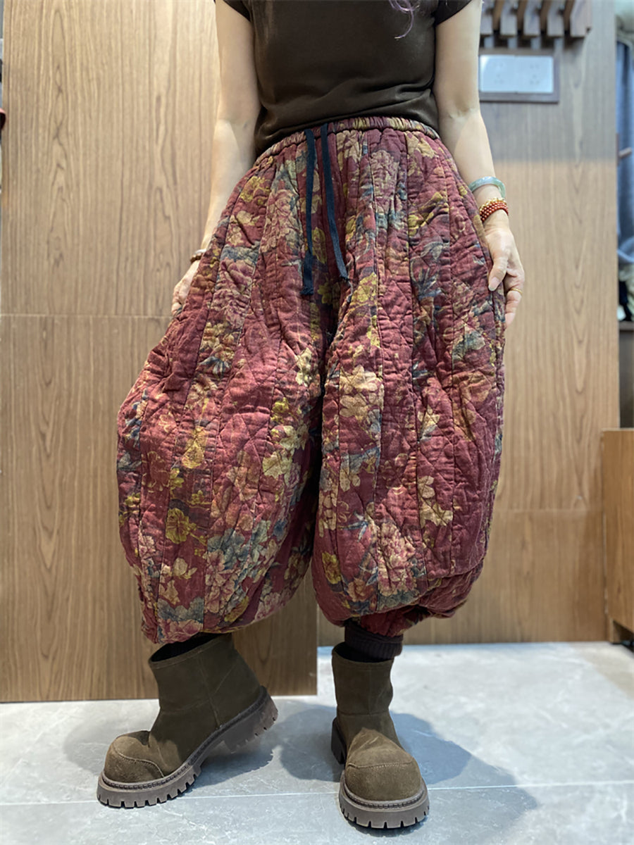 Women Winter Retro Flower Cotton Padded Harem Pants QN002