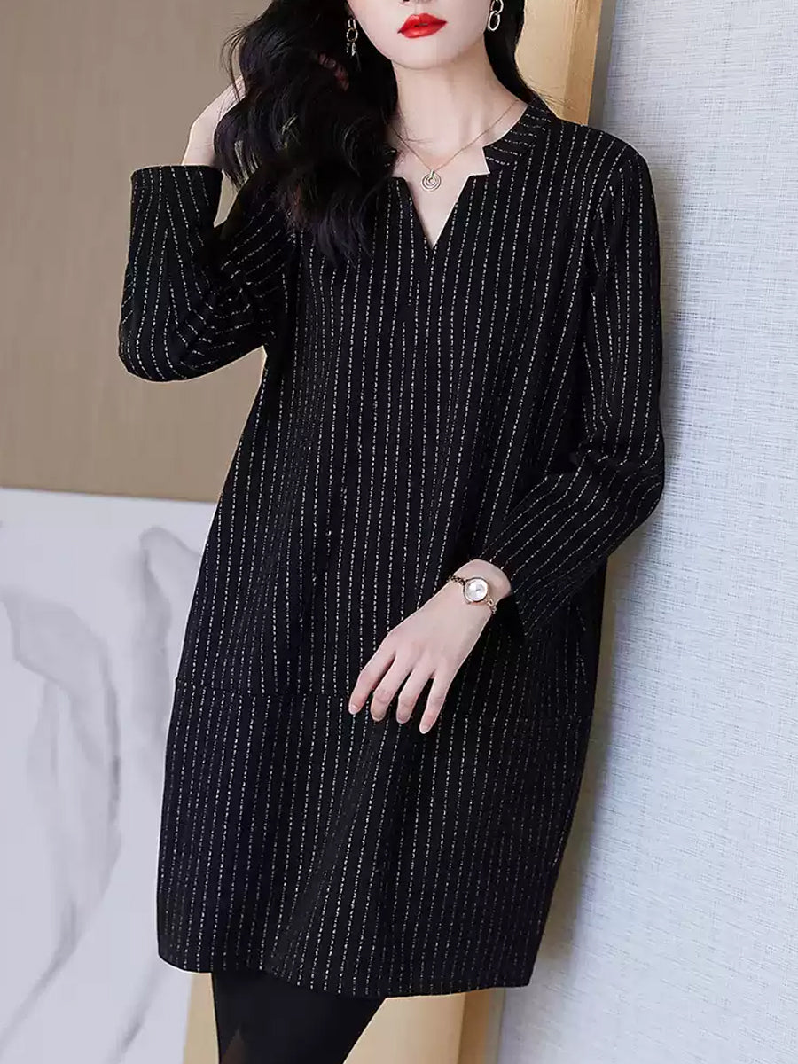 Women Autumn Casual Stripe V-Neck Mini Dress QM032