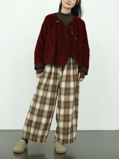 Women Winter Casual Plaid Cotton Thick Wide-leg Pants QM027