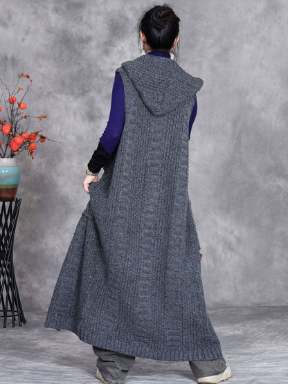 Women Autumn Artsy Solid Knit Cardigan Hooded Vest Coat QM008