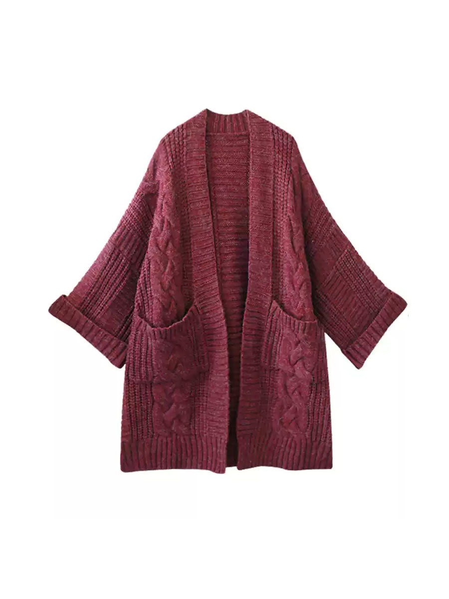 Women Autumn Artsy Solid V-neck Cable Knit Coat QM007