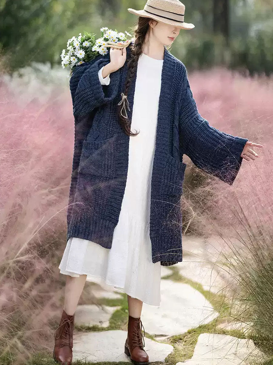 Women Autumn Artsy Solid V-neck Cable Knit Coat QM007