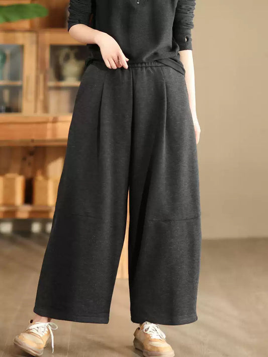 Women Winter Casual Solid Fleece-lined Wide-leg Pants WU006