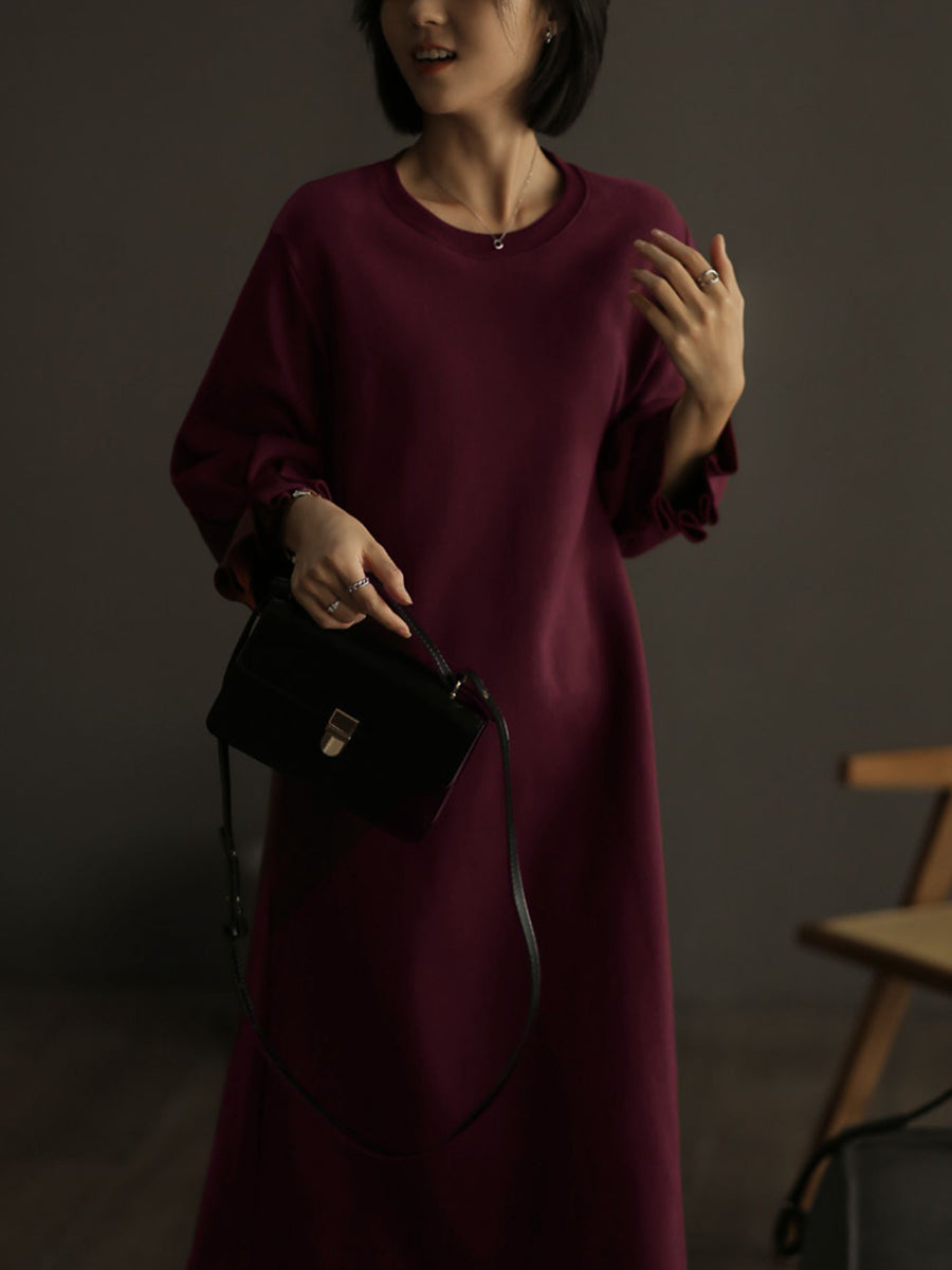 Women Autumn Vintage O-Neck Solid  Dress WU018