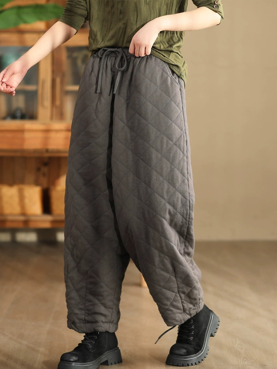 Women Winter Retro Rhomboid Padded Linen Harem Pants WU025