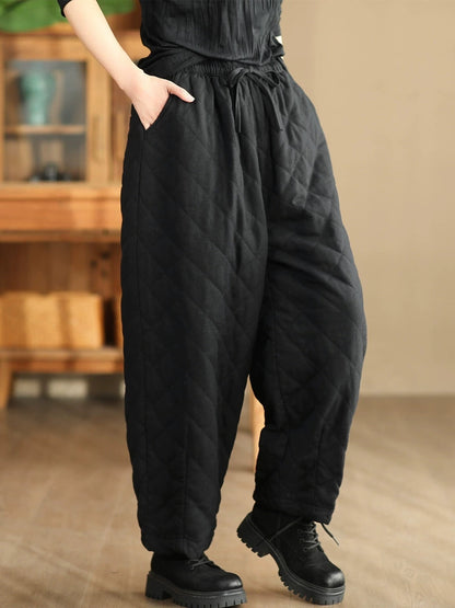 Women Winter Retro Rhomboid Padded Linen Harem Pants WU025