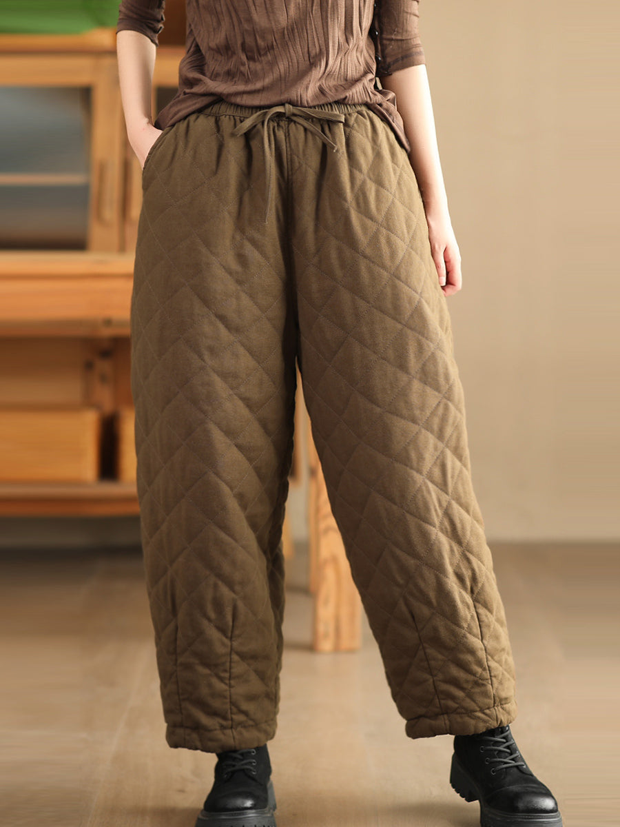 Women Winter Retro Rhomboid Padded Linen Harem Pants WU025